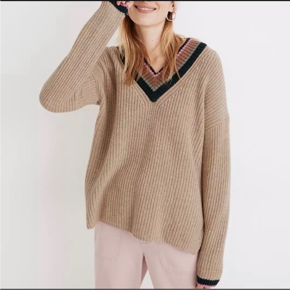 Madewell Beige Varsity V-neck Sweater with Pink and Green Accents
